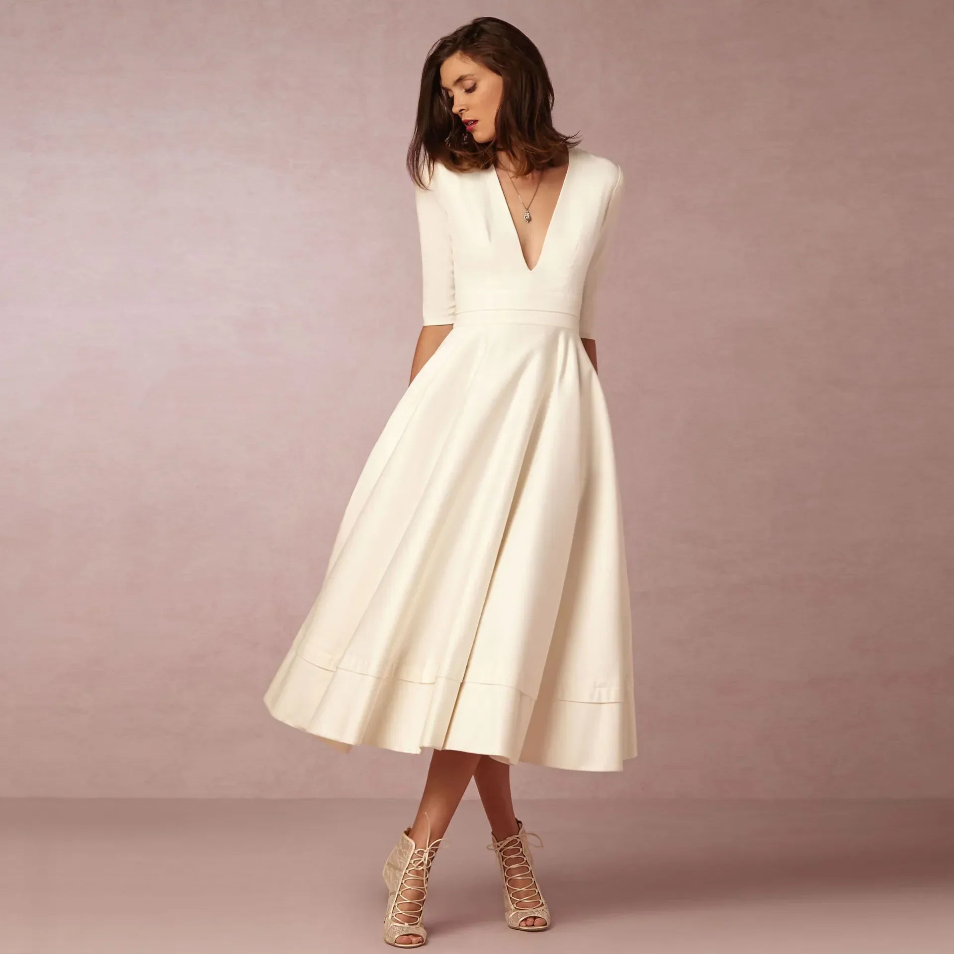 Ivoire Robe Midi Femme – Robe Cintrée en Coton avec Coupe Élégante