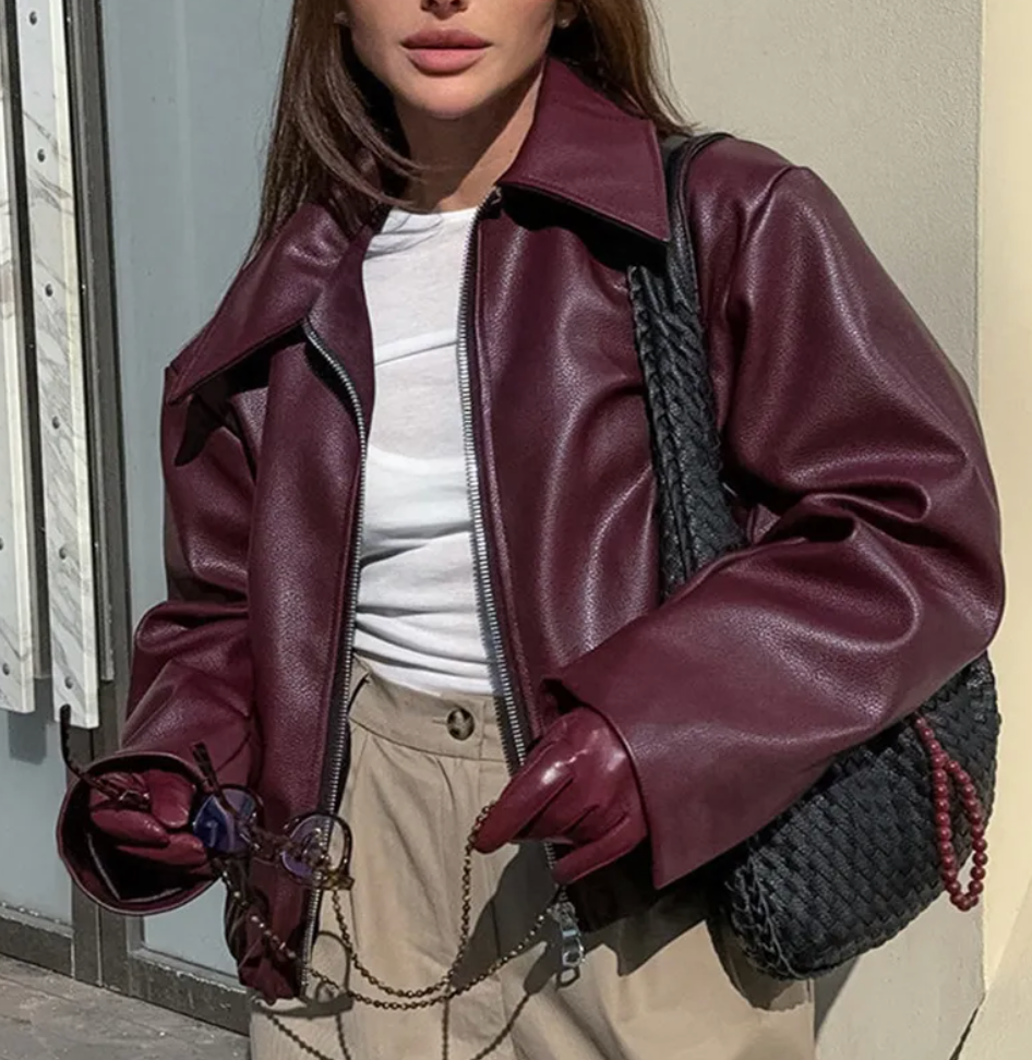 Celeste Veste Bomber Femme en Similicuir – Oversize módní střih s klasickým límcem