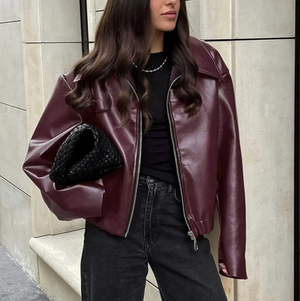 Celeste Veste Bomber Femme en Similicuir – Oversize módní střih s klasickým límcem