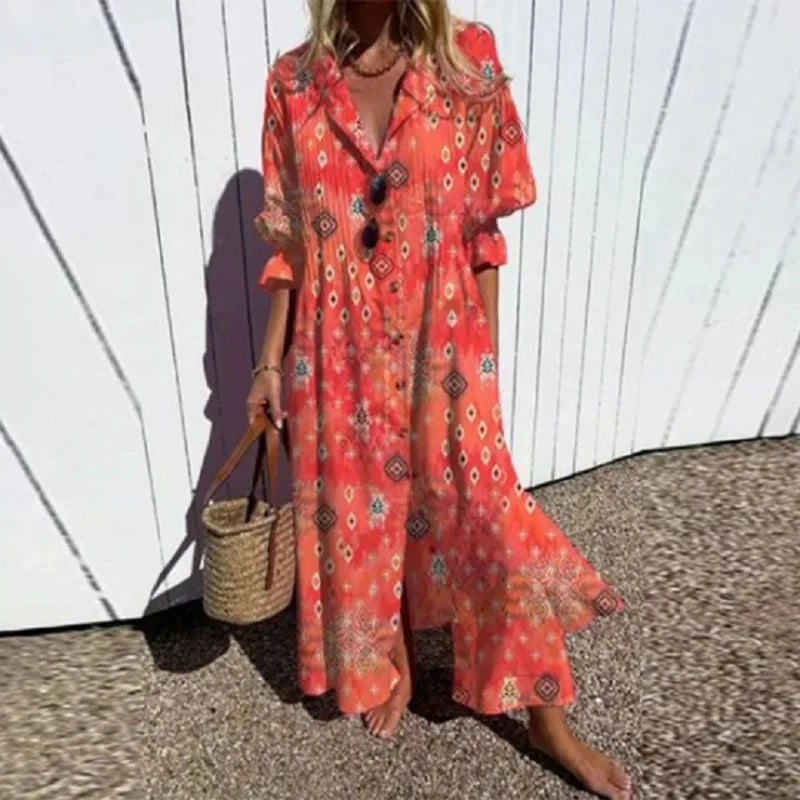 Melissa lange bohemienjurk voor dames – diepe V-hals, vloeiende en lichte silhouet voor de zomer