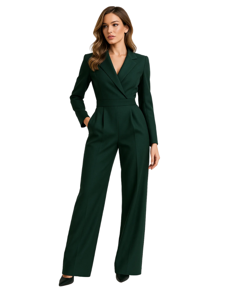 Kombinezon damski Eleyna w stylu marynarki – głęboki dekolt w serek, szerokie nogawki i elegancki krój