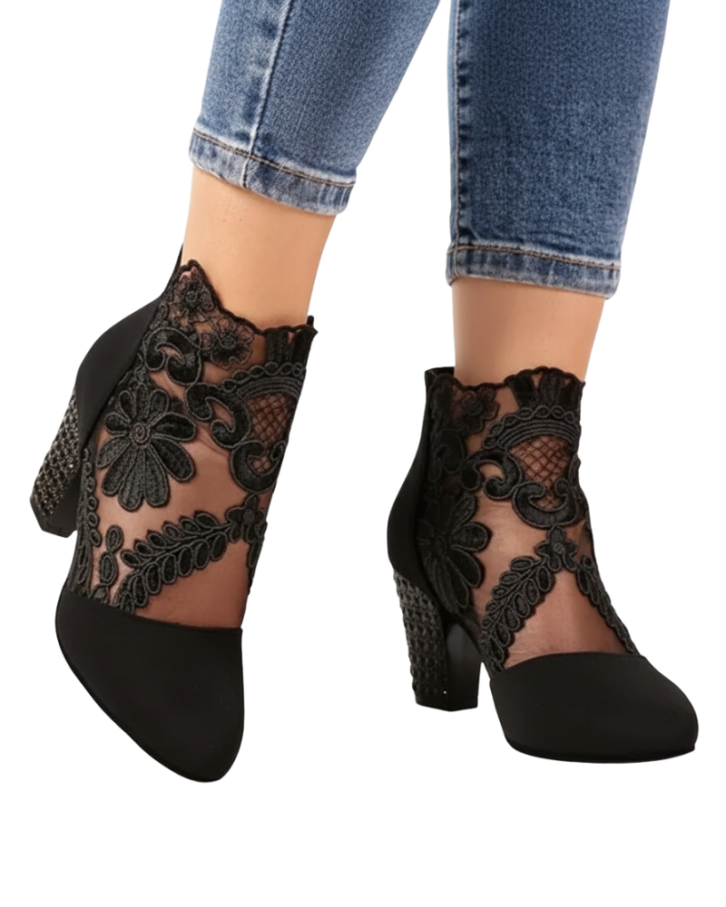 Chelsea Sapatos Femininos em Malha – Sapatos Elegantes com Padrão Floral e Salto