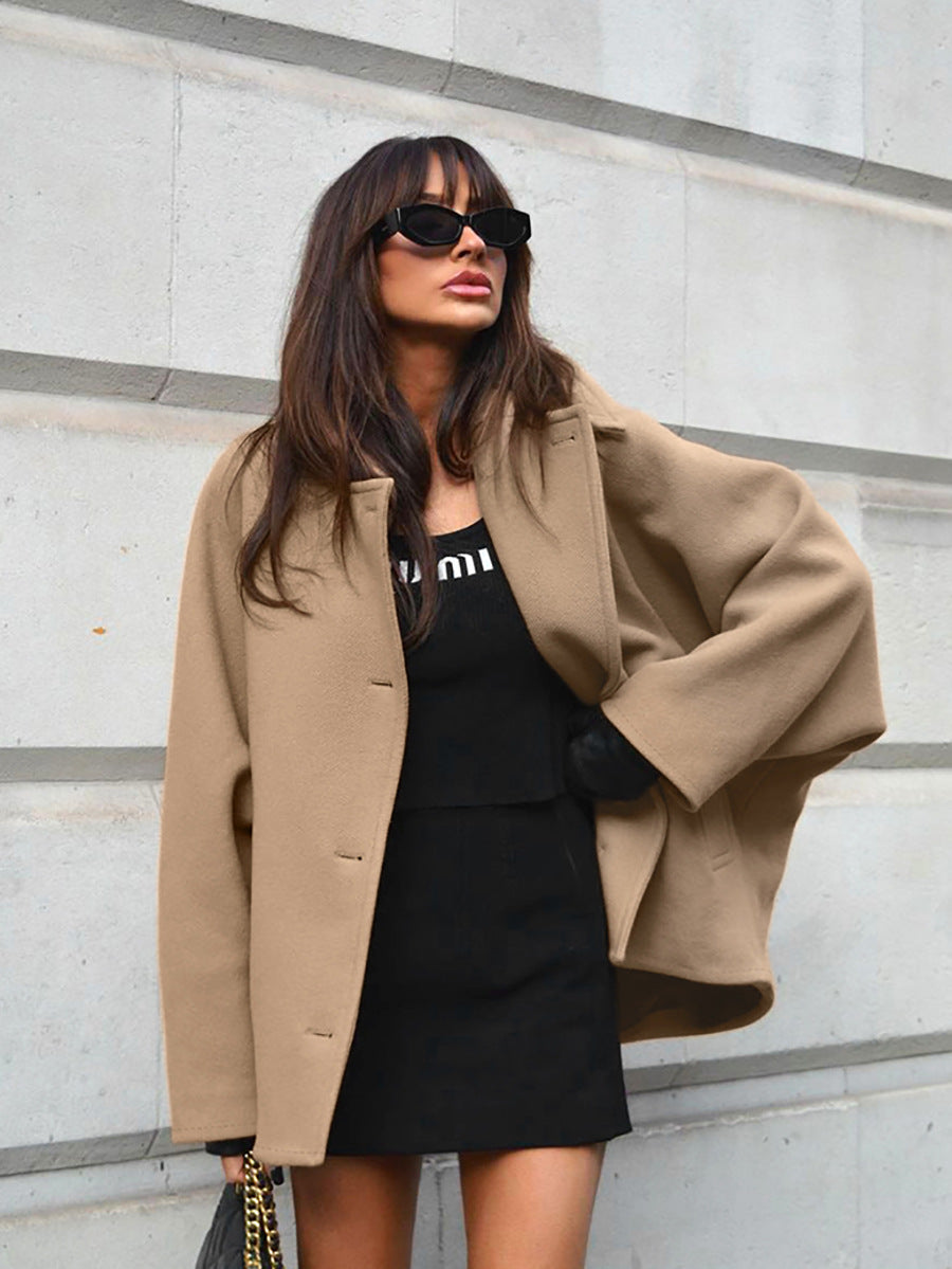 Genevieve Manteau Femme – Manteau Élégant en Laine Mélangée avec Manches Chauve-Souris & Col Revers