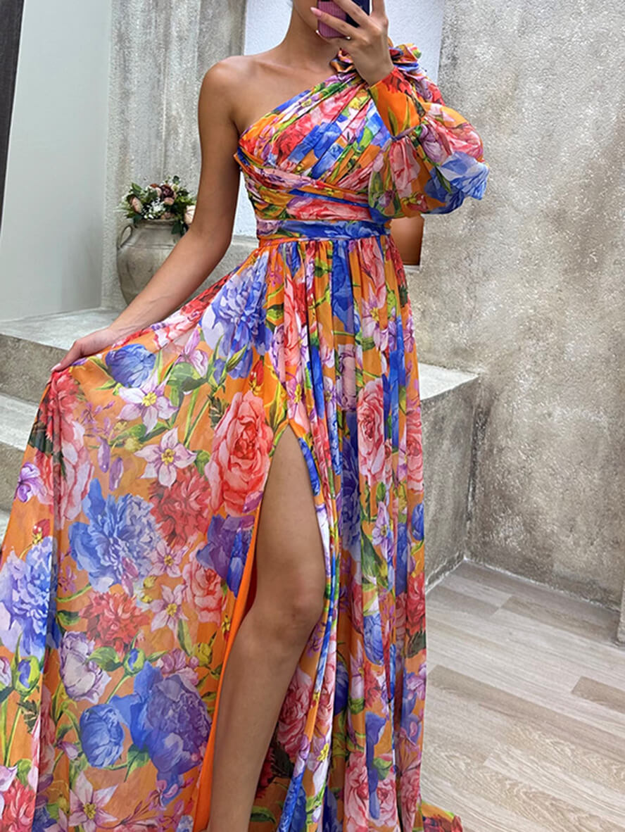 Rossana Maxi šaty pre ženy – Kvetinové šaty s jedným ramenom, volánmi a elegantným rozparkom