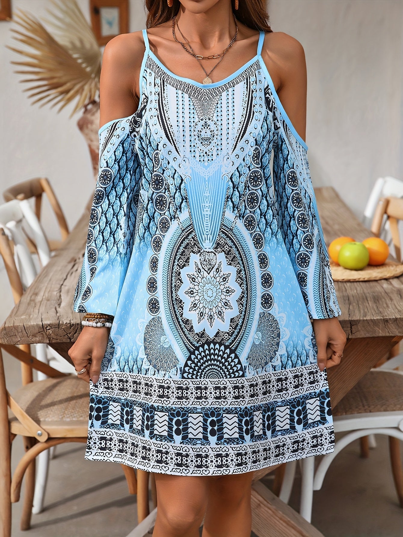 Soleandra Robe Femme – Robe Bohème Midlang Ærmeløs Kjole med Vintage Chic Print Sommer