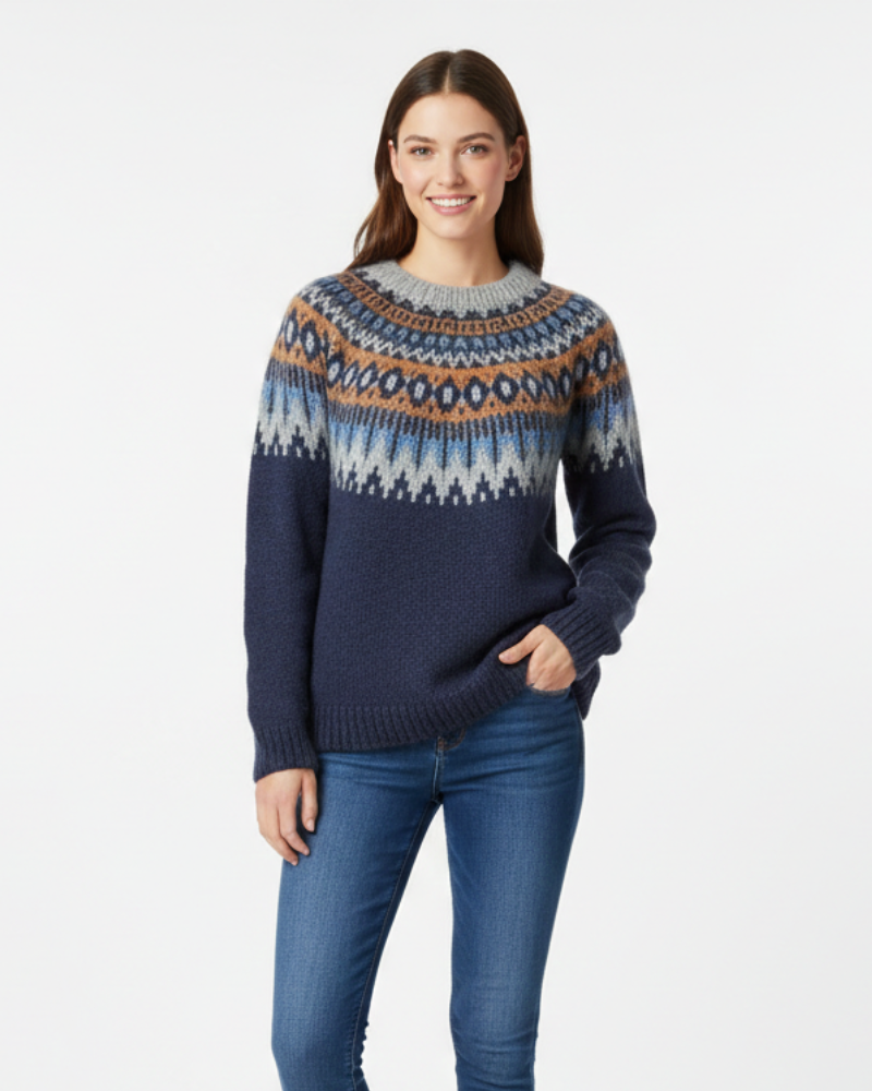 Sweter damski Georgia dziany – zimowy sweter z nordyckim wzorem Fair Isle i luźnym krojem