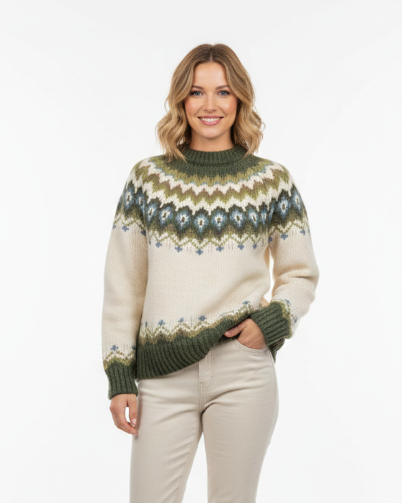 Sweter damski Georgia dziany – zimowy sweter z nordyckim wzorem Fair Isle i luźnym krojem