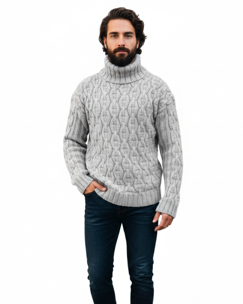 Kenzo Cortese Pull Homme en Maille Câblée – Col Montant Chaud en Laine Mélangée Automne & Hiver