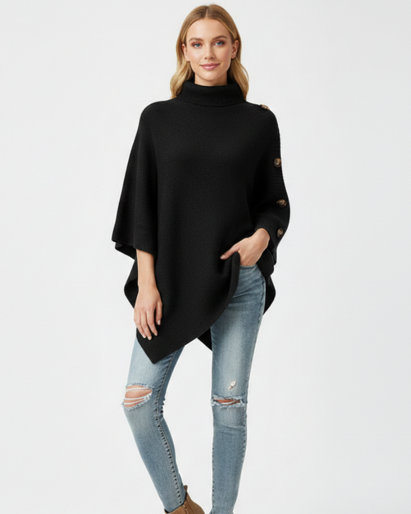 Elayne Poncho Ull Dame – Oversize Poncho Elegant med Høy Hals og Asymmetrisk Finish