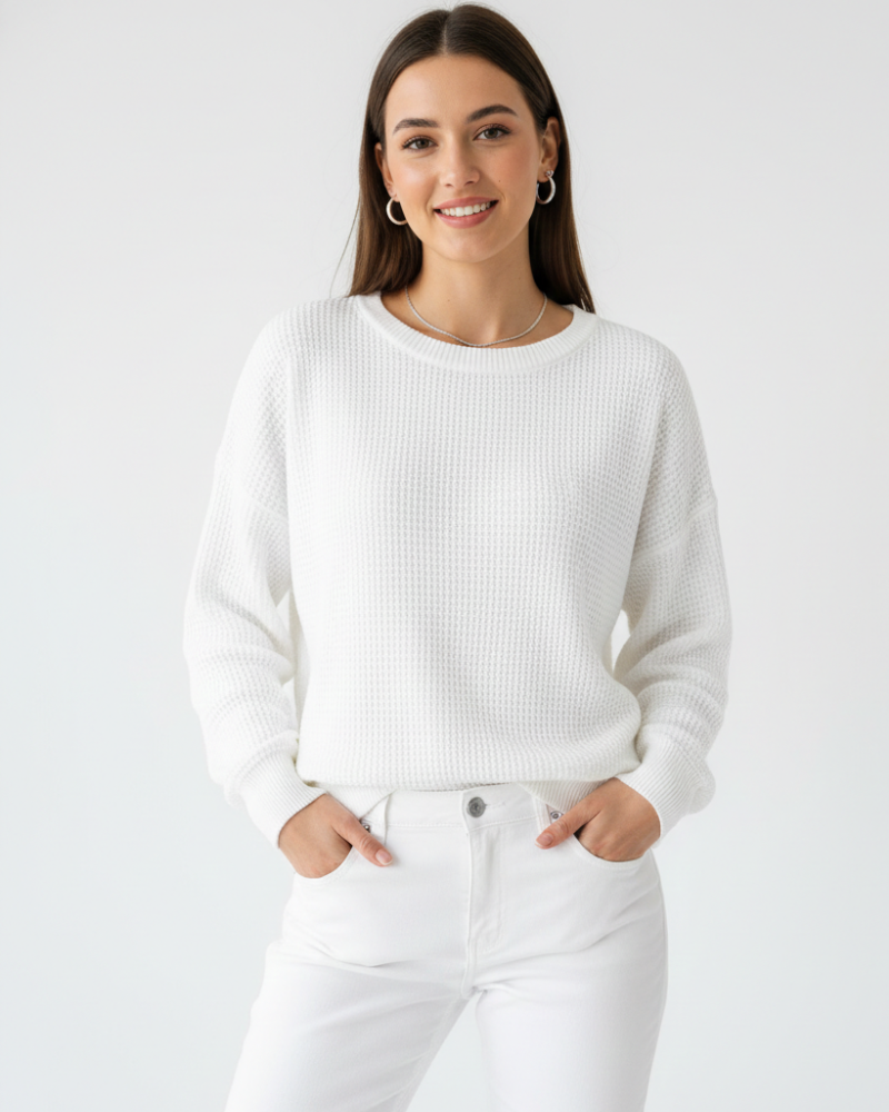 Dahlia Pull Femme Maille Waffle – Coupe Oversize, Coton Doux & Style Casual Confort