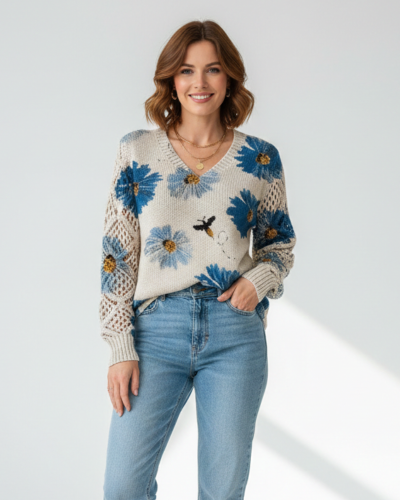 Nancy Camisola de Malha Leve para Mulher – Malha Arejada com Padrão Floral & Decote em V Elegante