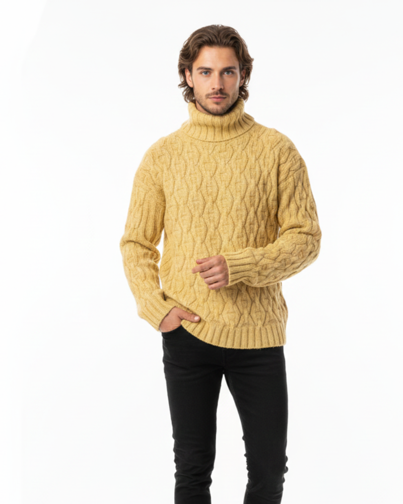 Kenzo Cortese Pull Homme en Maille Câblée – Col Montant Chaud en Laine Mélangée Automne & Hiver