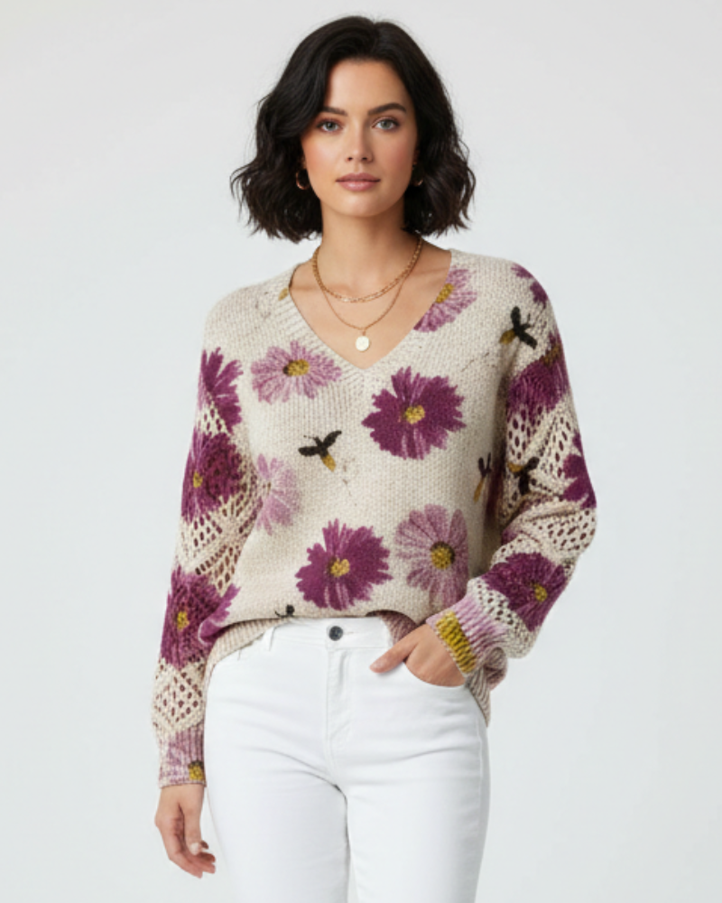 Nancy suéter mujer tejido ligero – malla aireada con motivo floral y cuello en V elegante