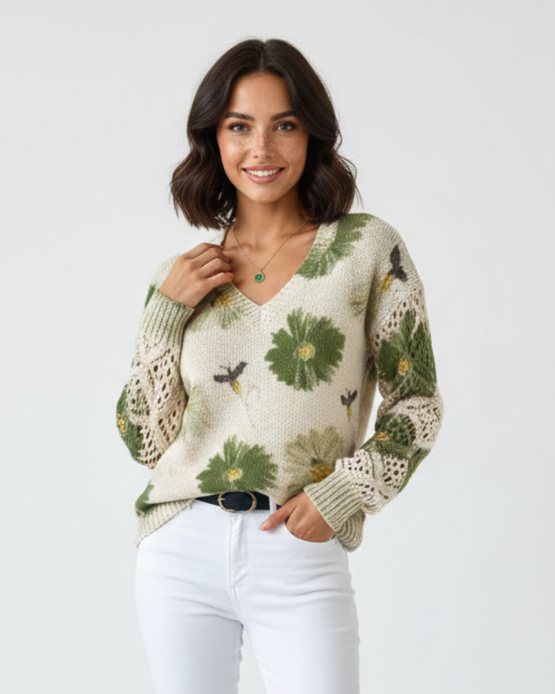 Nancy suéter mujer tejido ligero – malla aireada con motivo floral y cuello en V elegante