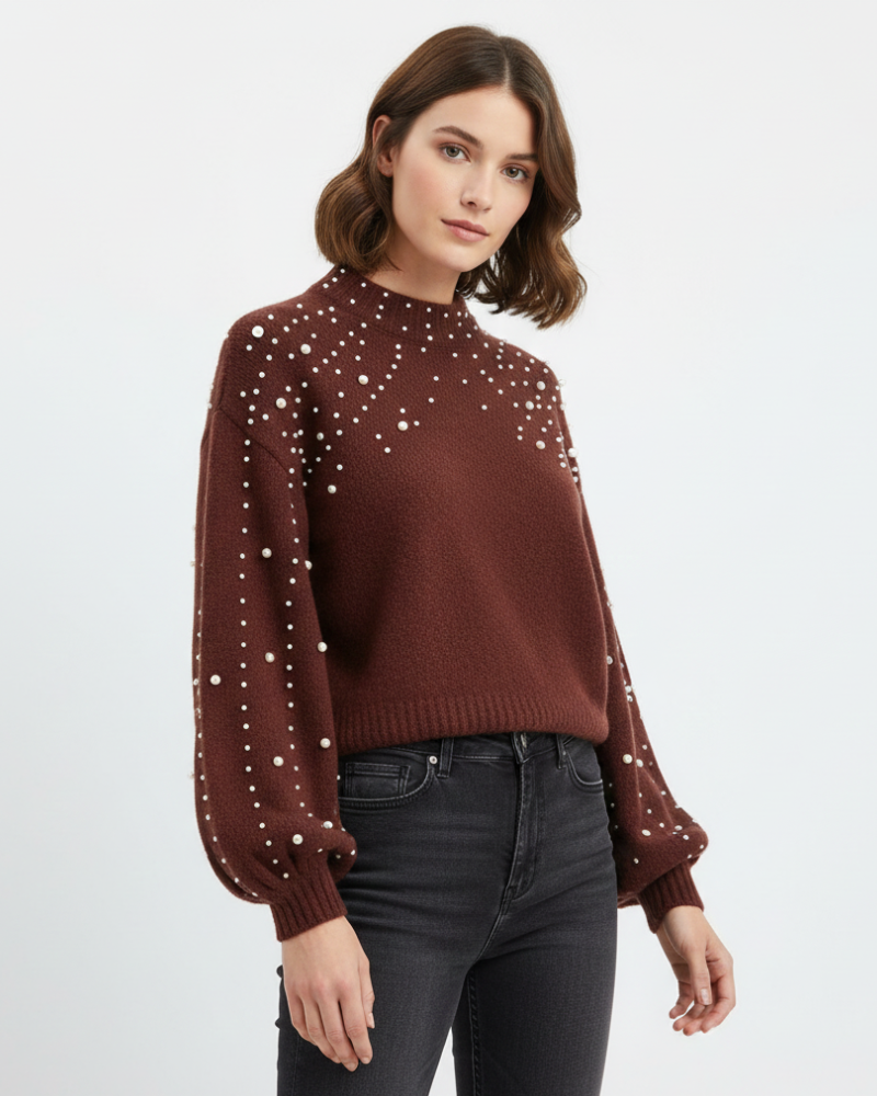Valery Aureli Elegant Women's Sweater with Pearls – Soft Knit with Chic Balloon Sleeves Winter