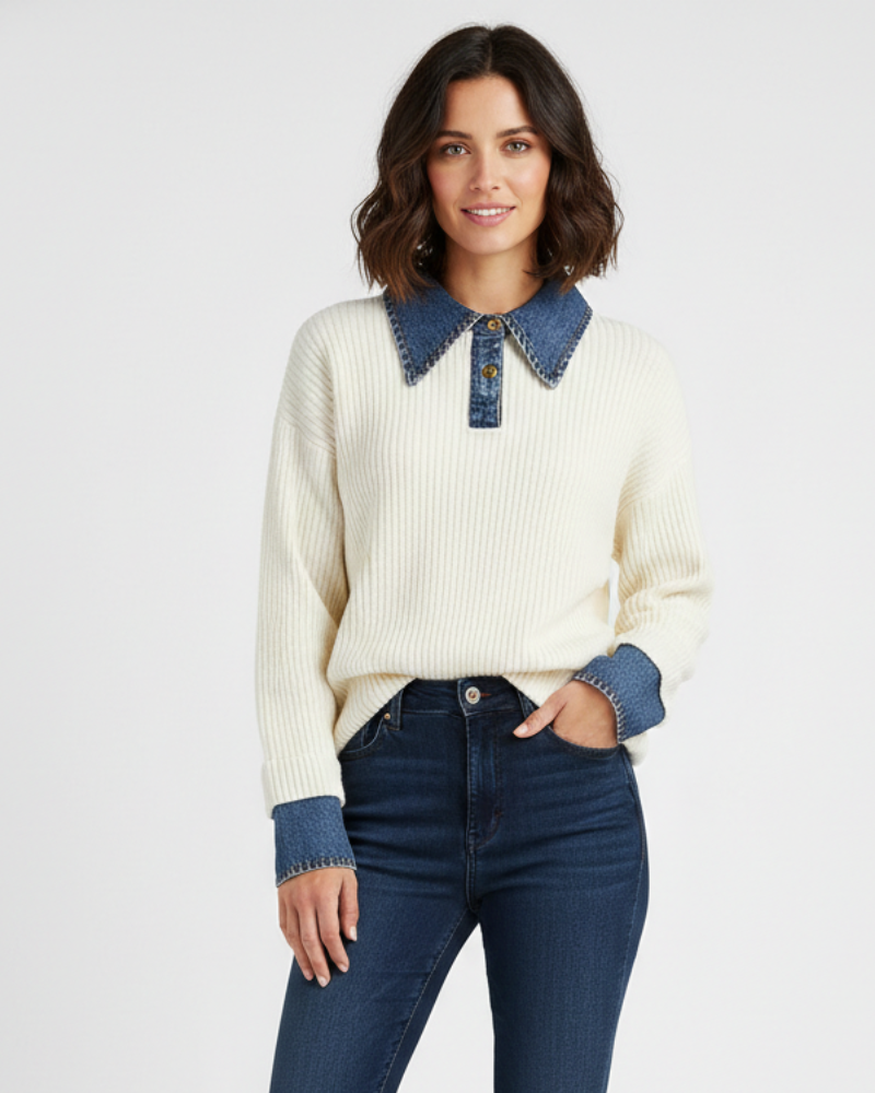Giana Camisola Elegante Feminina – Malha Suave com Gola e Punhos Efeito Ganga