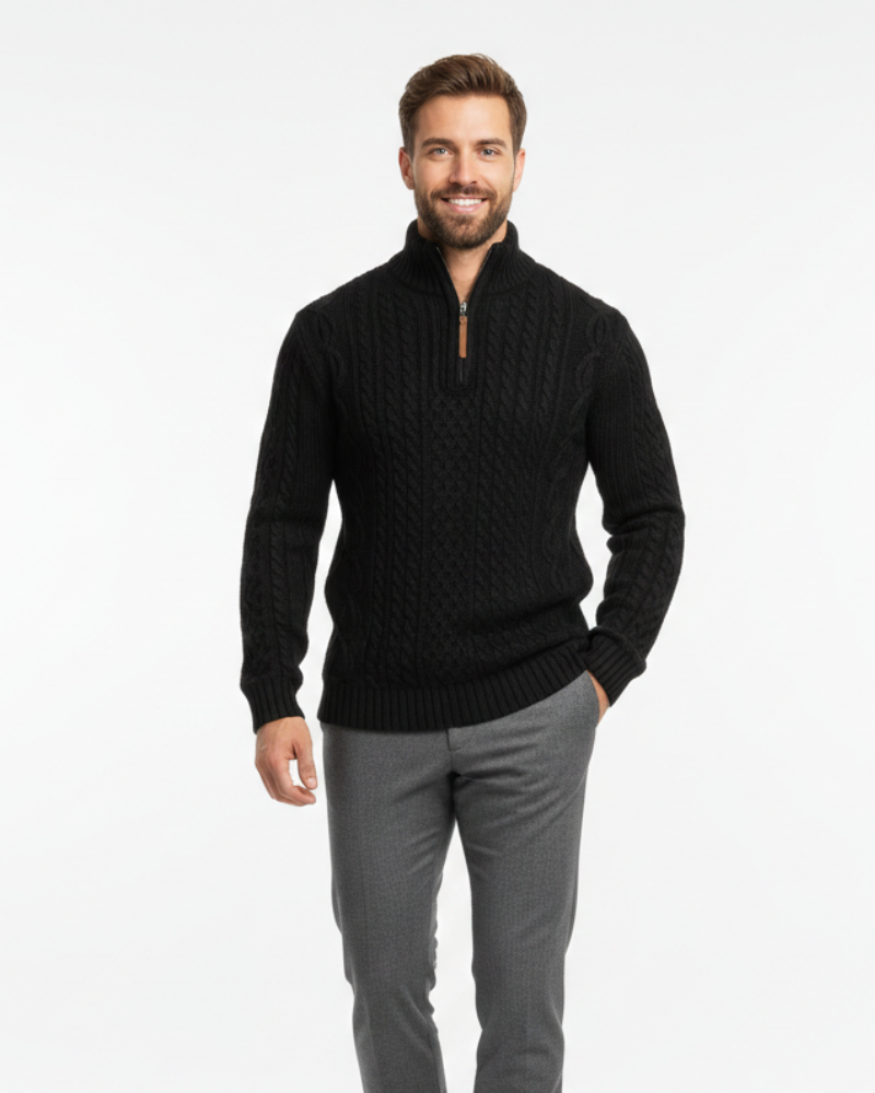 Vhong Férfi Félcipzáras Pulóver – Meleg Fonott Kötésű, Magas Nyakú és Időtlen Stílusú