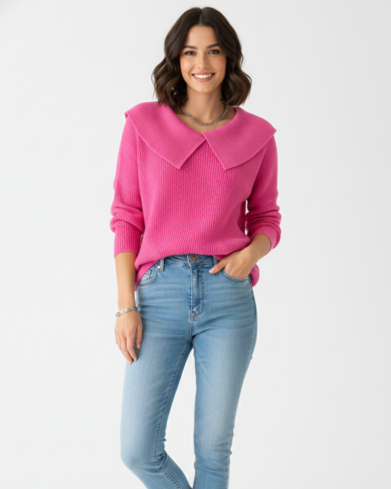 Alice Pull Femme Hiver en Laine Mélangée – Motif Festif & Col à Revers Élégant