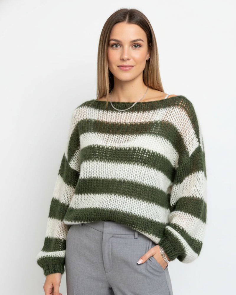 Tes sweter w paski oversize damski – miękki dzianinowy z luźnym krojem, okrągłym dekoltem i wygodnym stylem
