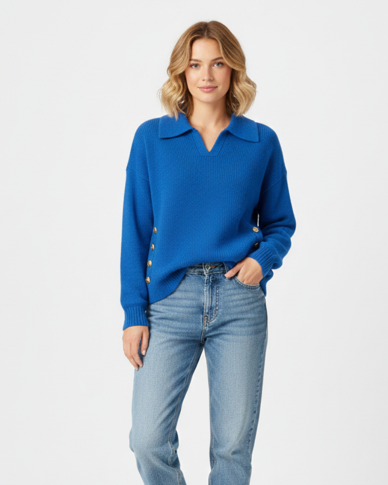 Anna Pull Femme Chic – Maille Douce Col V avec Col Chemise & Boutons Dorés