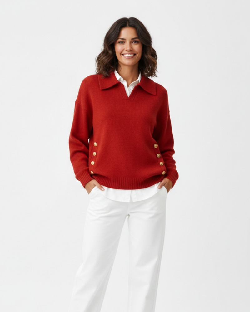 Anna Pull Femme Chic – Maille Douce Col V avec Col Chemise & Boutons Dorés