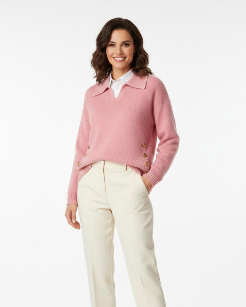 Anna Pull Femme Chic – Maille Douce Col V avec Col Chemise & Boutons Dorés