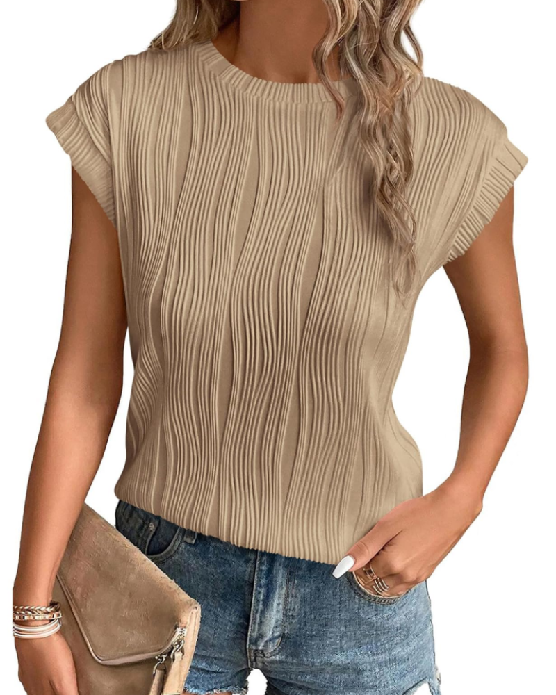 T-shirt Zuri Mulher – Top Malha Texturada Mangas Morcego & Corte Solto Chic