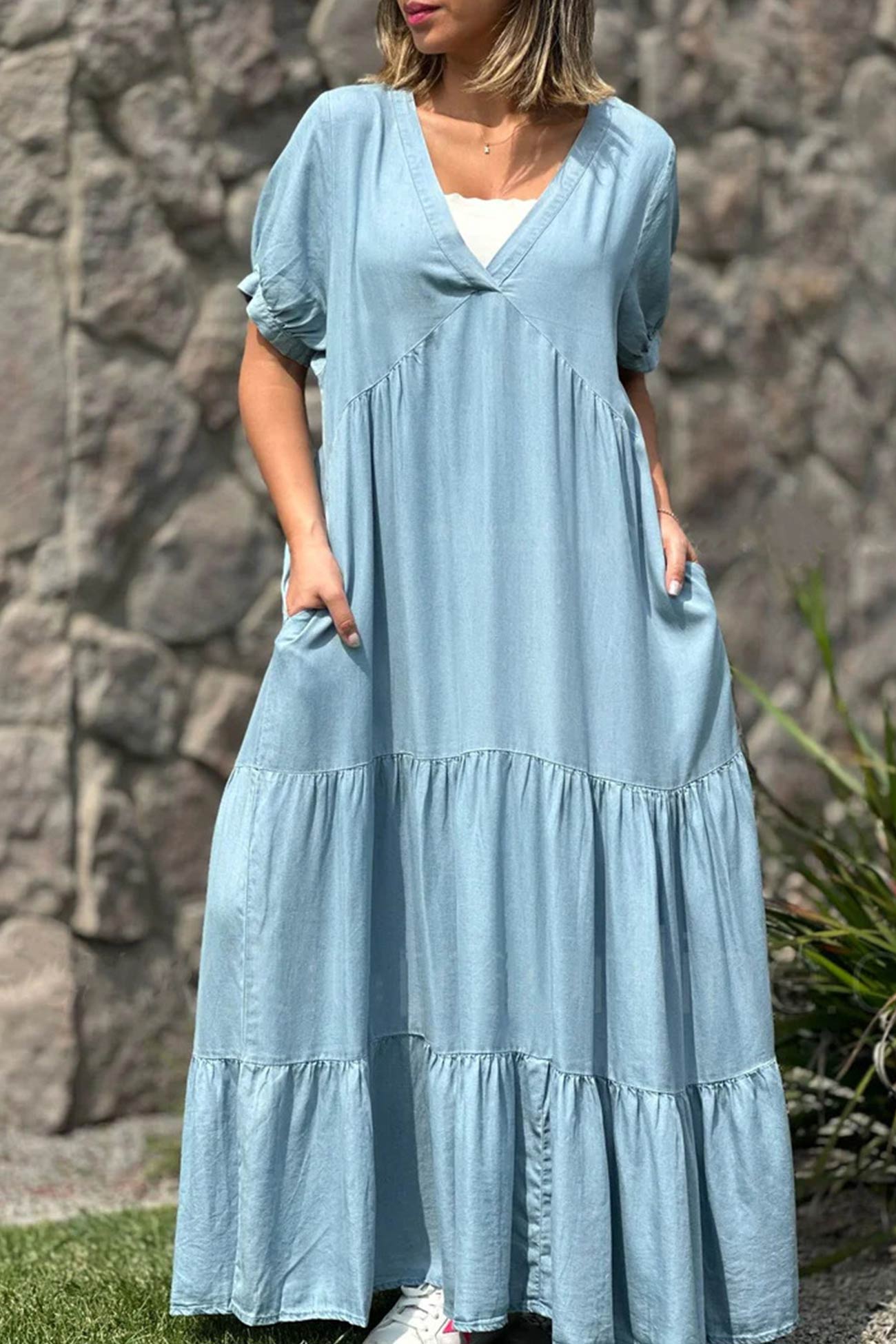 Robe d’Été Femme Via – Robe à Manches Courtes avec Col en V & Effet Superposé en Jean