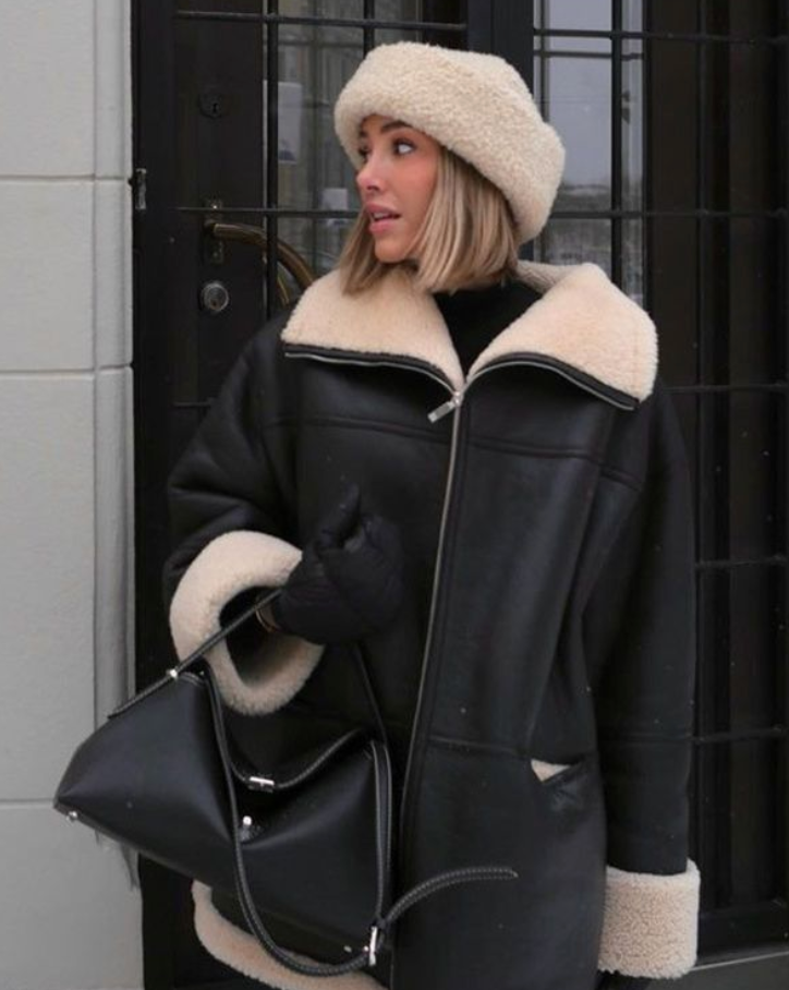 Iris Manteau d’Hiver Femme en Simili-Cuir – Coupe Oversize avec Doublure Teddy & Col Shearling