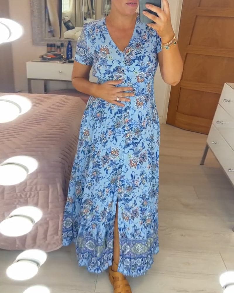 Vernelie Maxi šaty pre ženy – Kvetované zapínané šaty, voľný strih a romantický štýl