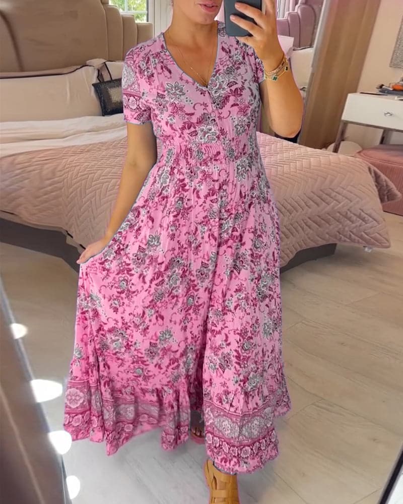 Vernelie Maxi šaty pre ženy – Kvetované zapínané šaty, voľný strih a romantický štýl