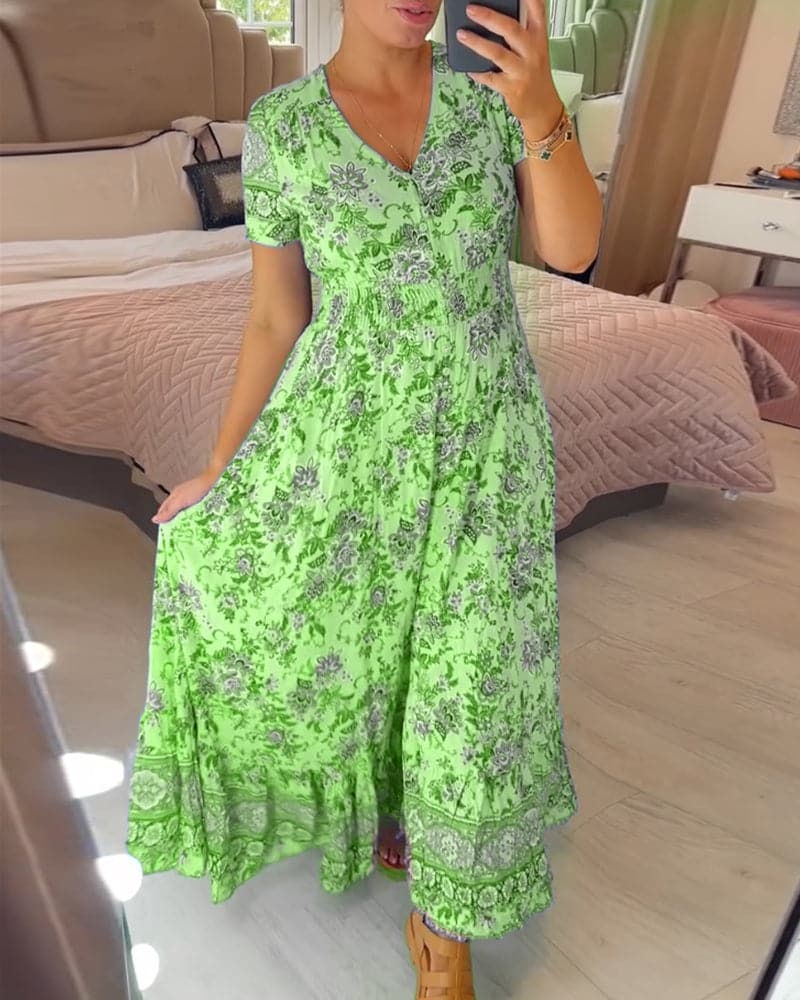 Vernelie Maxi šaty pre ženy – Kvetované zapínané šaty, voľný strih a romantický štýl