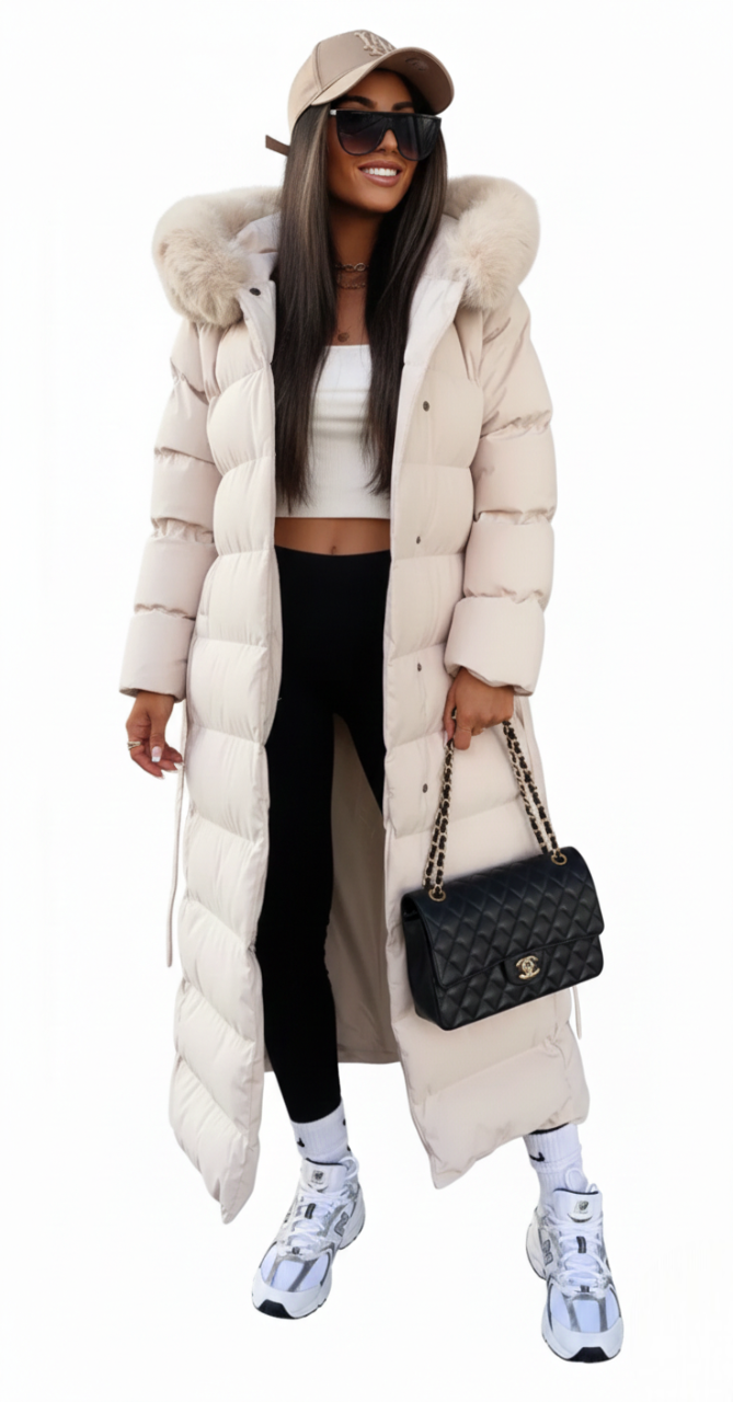 Vera Manteau Dugi Zimski Kaput za Žene – Elegantna Puhovka s Ovratnikom od Umjetnog Krzna i Pojasom