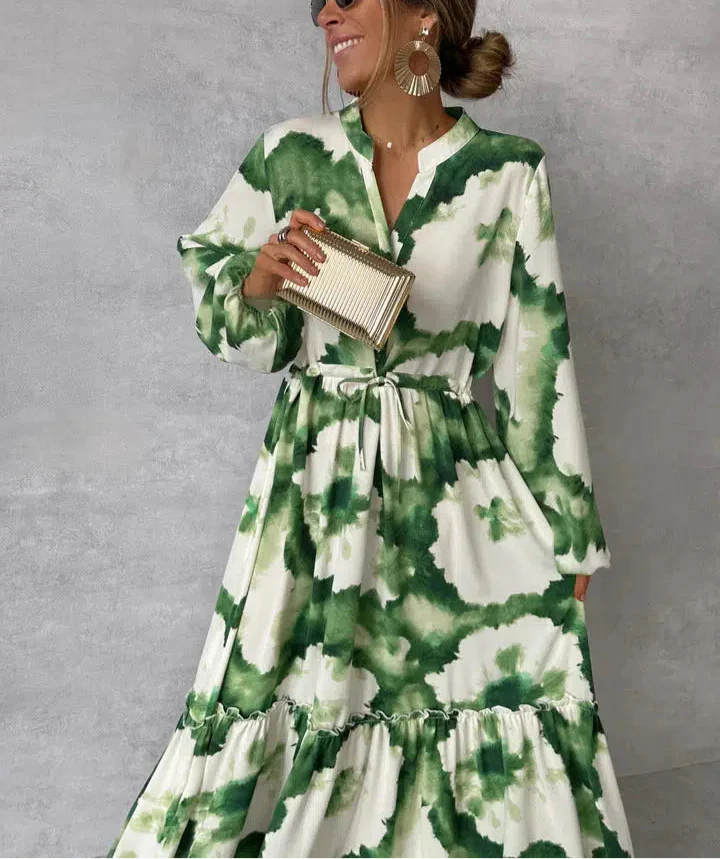 Robe Longue Femme Zia – Elegant grøn kjole med lange ærmer & dyb V-udskæring alsidig