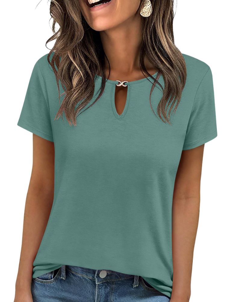 Veya Top Femme – T-shirt Elegante com Decote em Gota, Corte Ajustado Casual Chic Verão