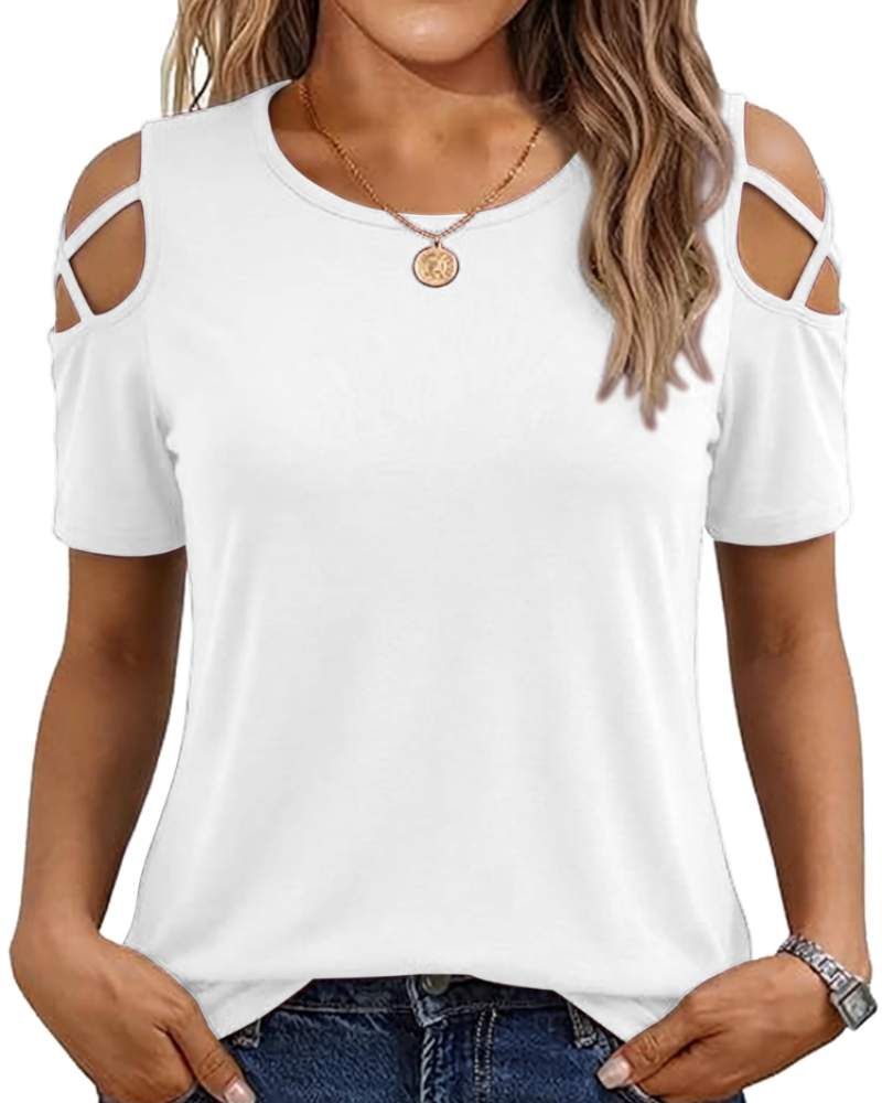 Vina Top Femme – T-shirt z odkrytymi ramionami, luźny krój high-low i modny letni styl