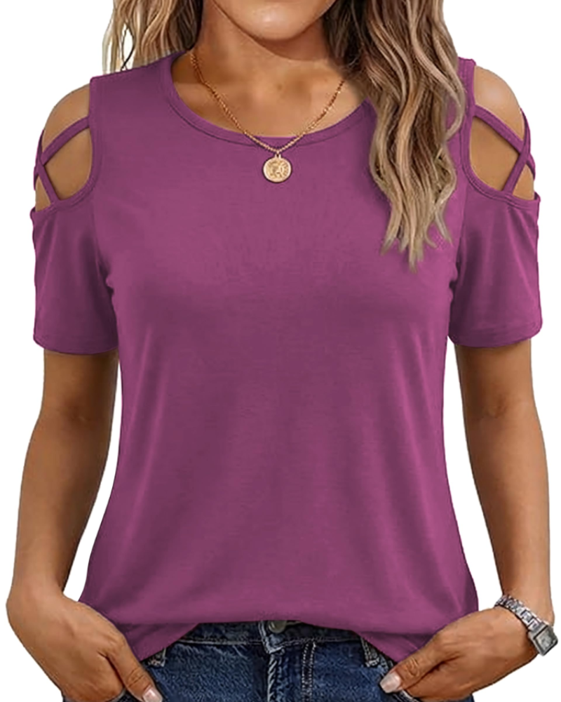 Vina Top Femme – T-shirt z odkrytymi ramionami, luźny krój high-low i modny letni styl