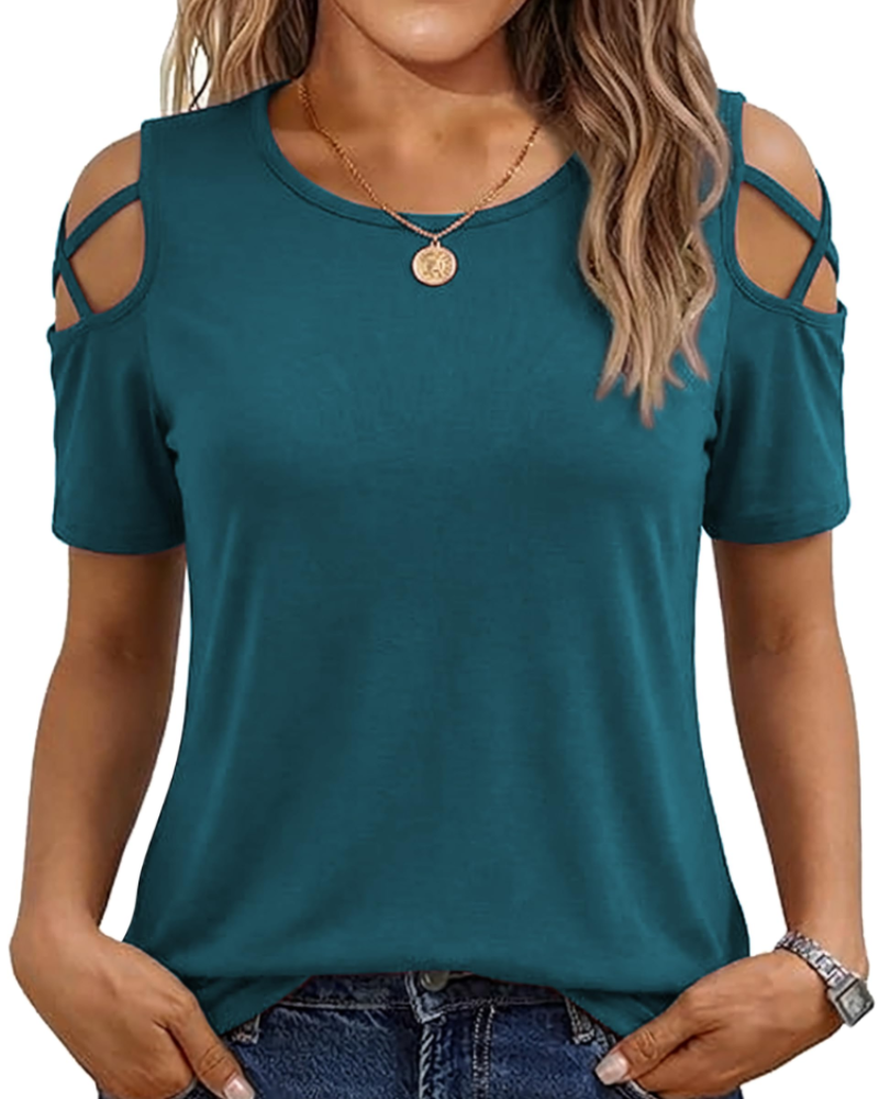 Vina Top Femme – T-shirt z odkrytymi ramionami, luźny krój high-low i modny letni styl