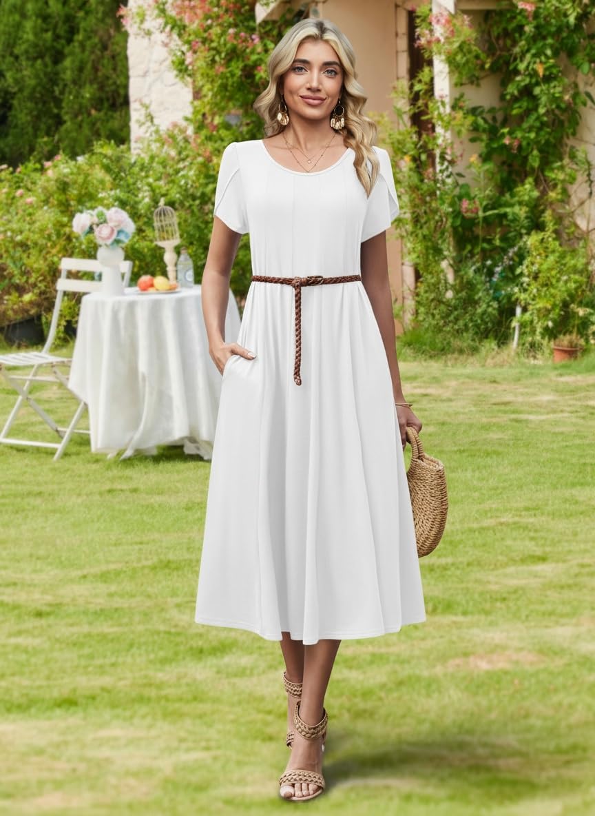 Wella Robe Femme – Rochie de vară cu guler rotund, mâneci scurte, croială evazată midi și buzunare