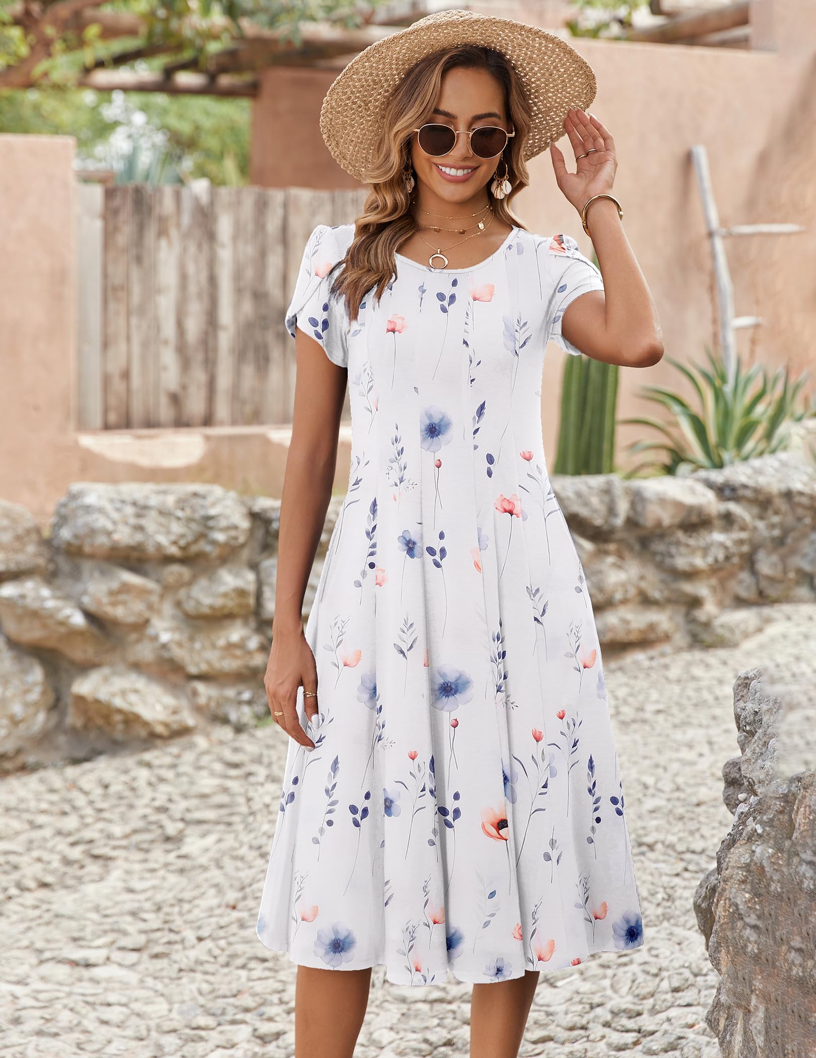 Wella Robe Femme – Rochie de vară cu guler rotund, mâneci scurte, croială evazată midi și buzunare