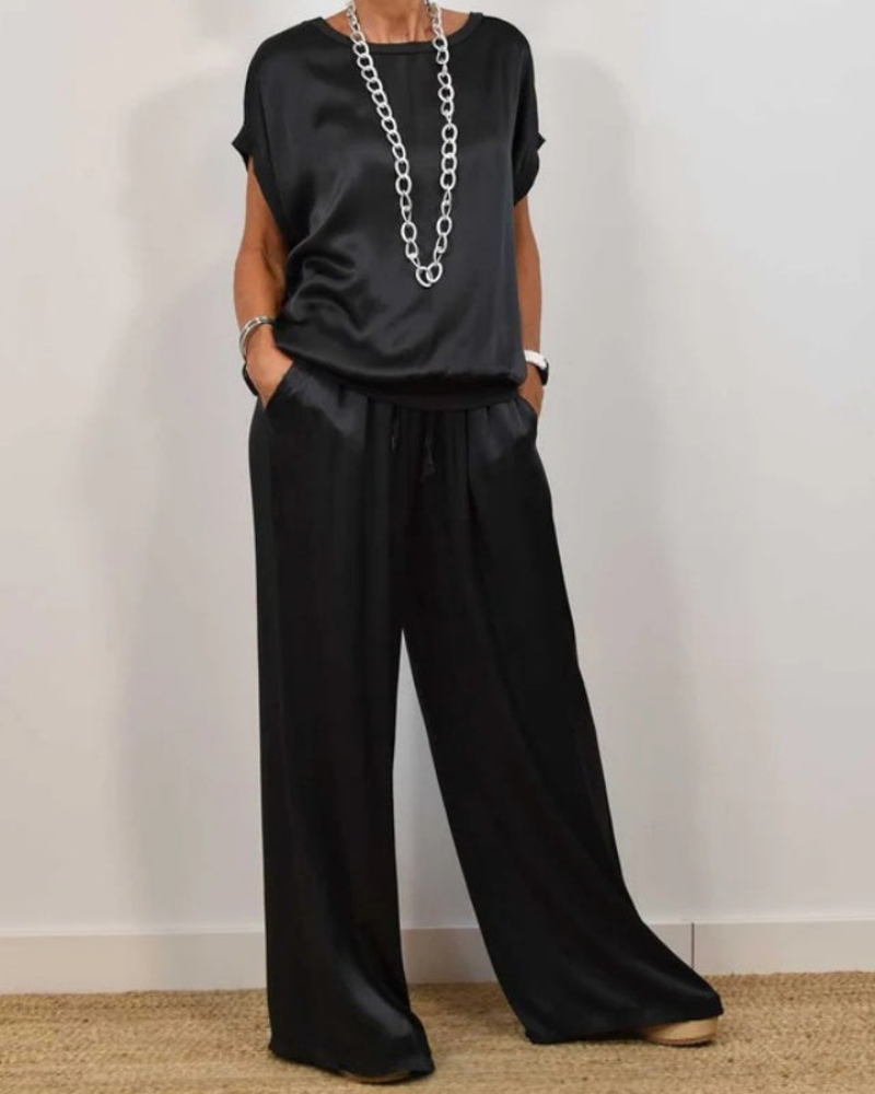 Portia Ensemble Satin Femme – Dámsky saténový set 2 diely: široké nohavice a elegantný voľný top