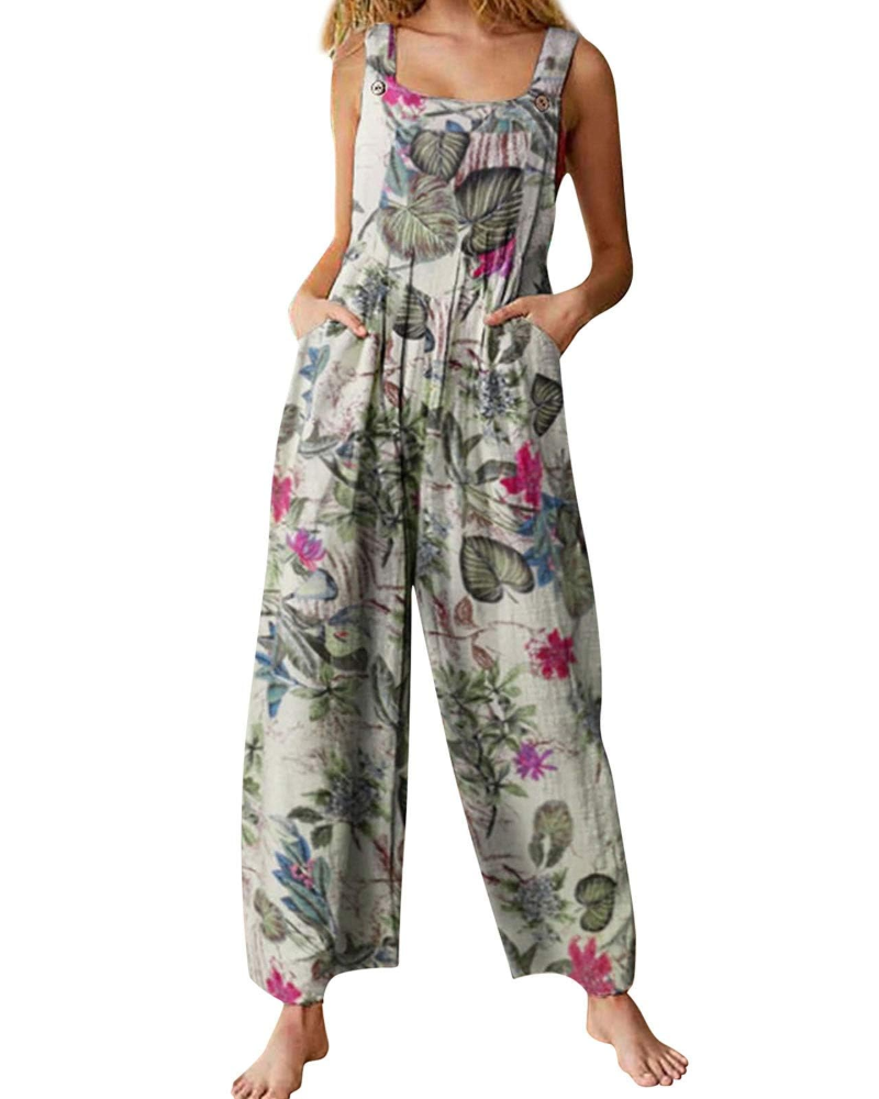 Isabeau Damen-Jumpsuit – Baumwolle & Leinen, eckiger Ausschnitt, Ethno-Print & Taschen