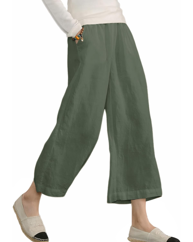 Dámské kalhoty Rosamund 7/8 – lehká bavlna, pružný vysoký pas a kapsy