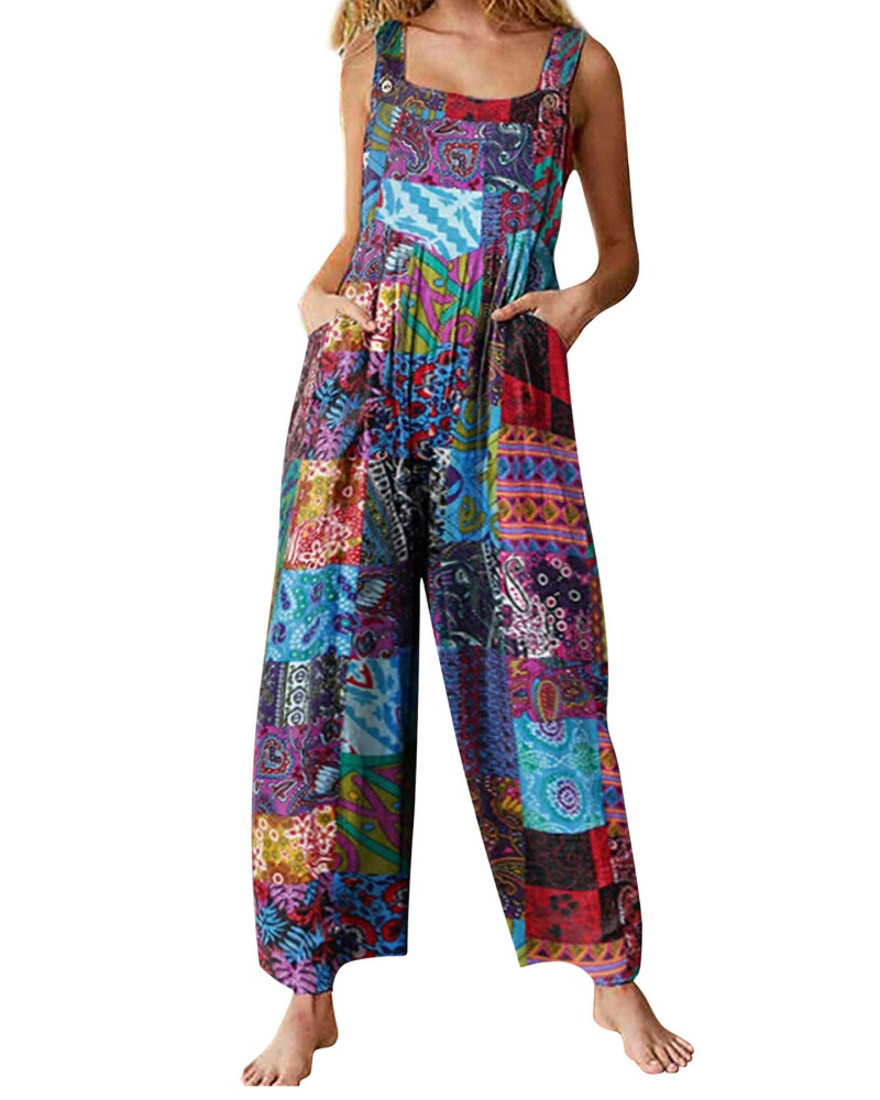 Isabeau Damen-Jumpsuit – Baumwolle & Leinen, eckiger Ausschnitt, Ethno-Print & Taschen