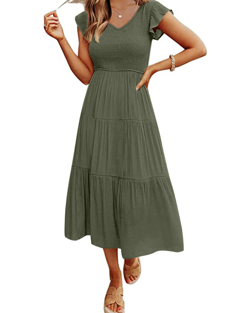 Vestito Midi Skye da Donna – Scollo a V, Arricciato, Maniche a Volant e Tasche