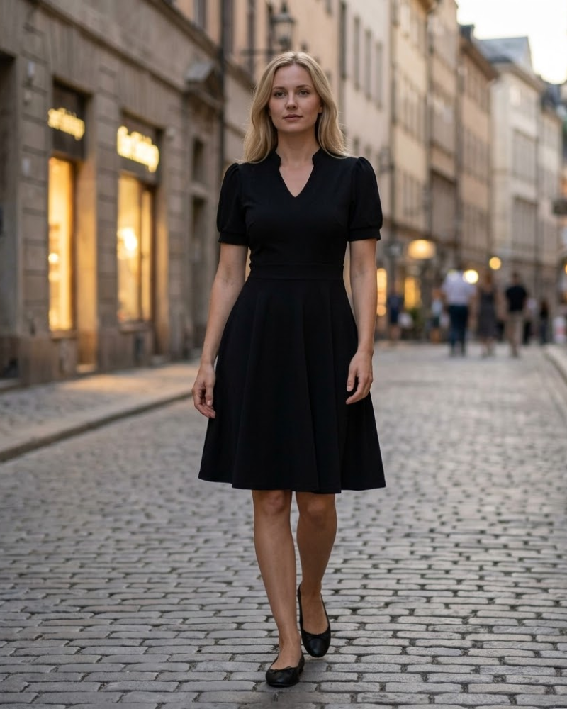 Sophie Robe Femme – Robe Évasée Col V Manches Bouffantes avec Poches Élégante