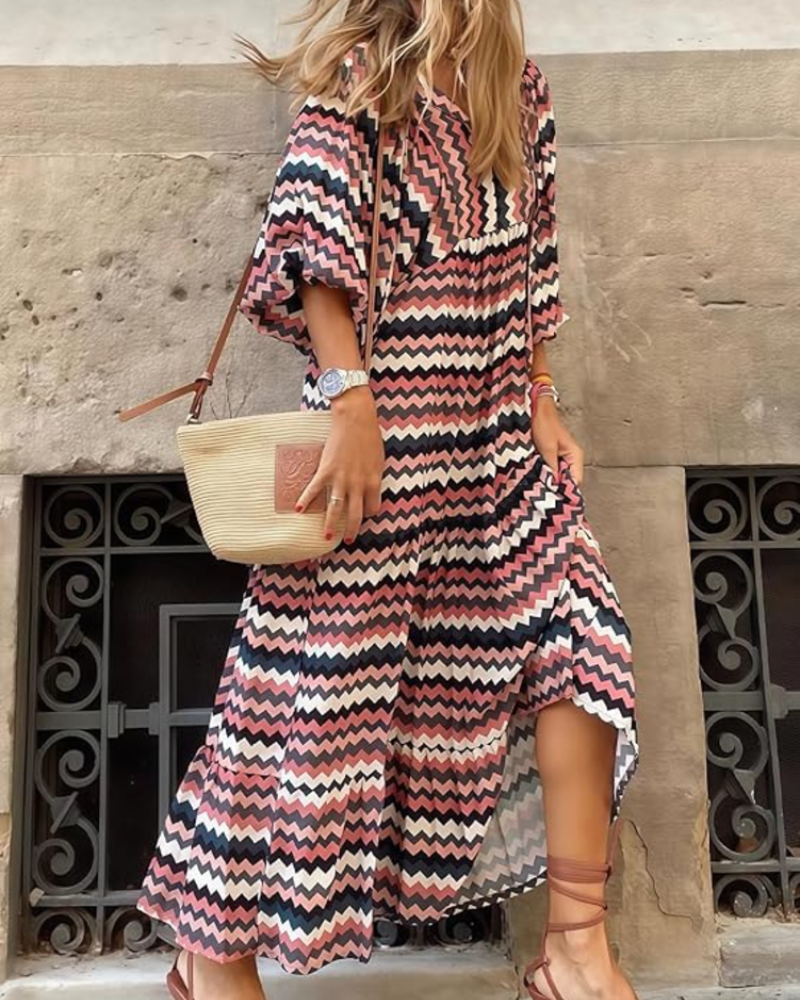 Rina Jurk Boho Dames – Bloemenprint, V-hals & Zomerse Losse Pofmouwen
