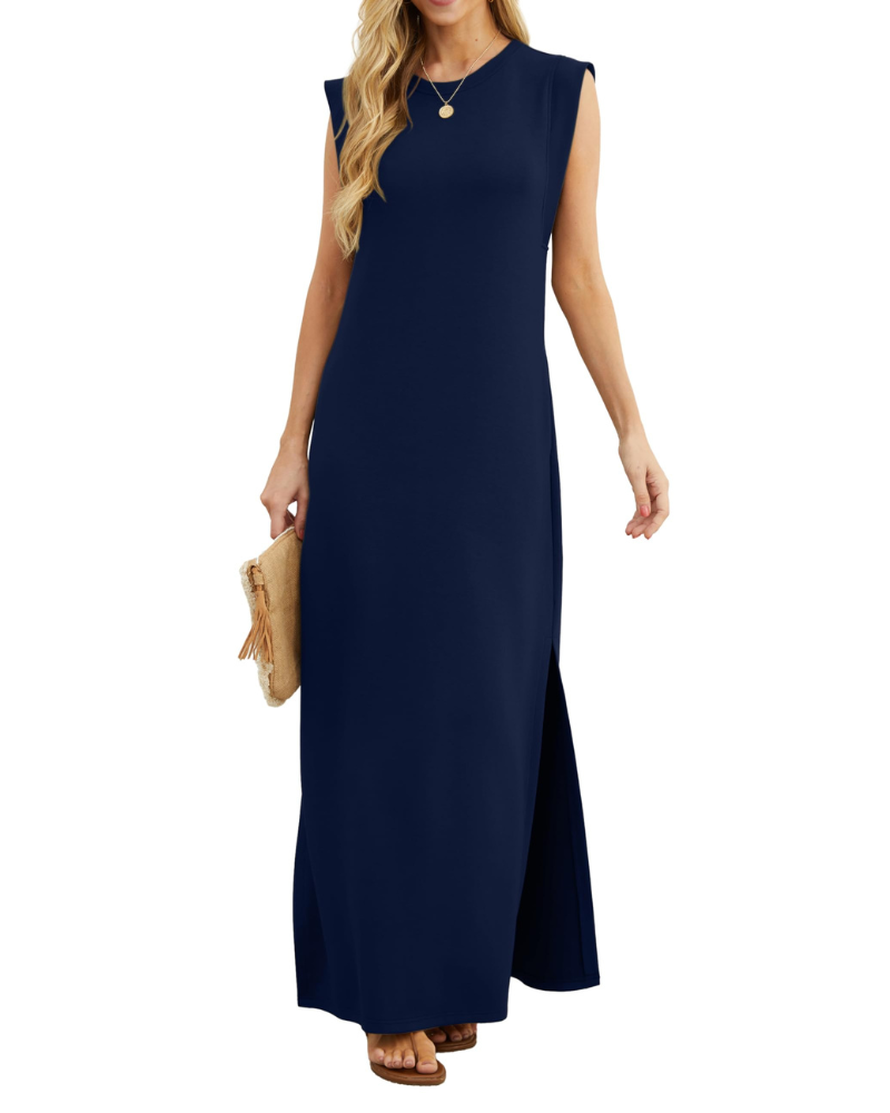 Vestito lungo estivo da donna Erin – senza maniche, collo tondo, spacco e tasche
