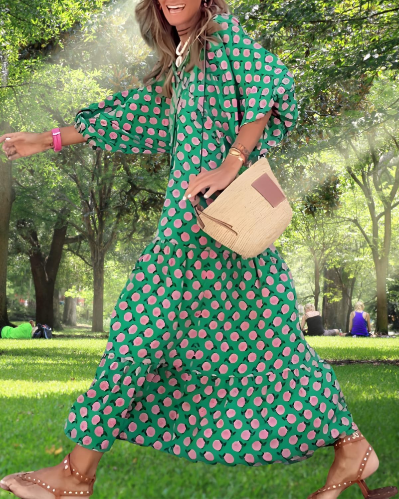 Rina Jurk Boho Dames – Bloemenprint, V-hals & Zomerse Losse Pofmouwen