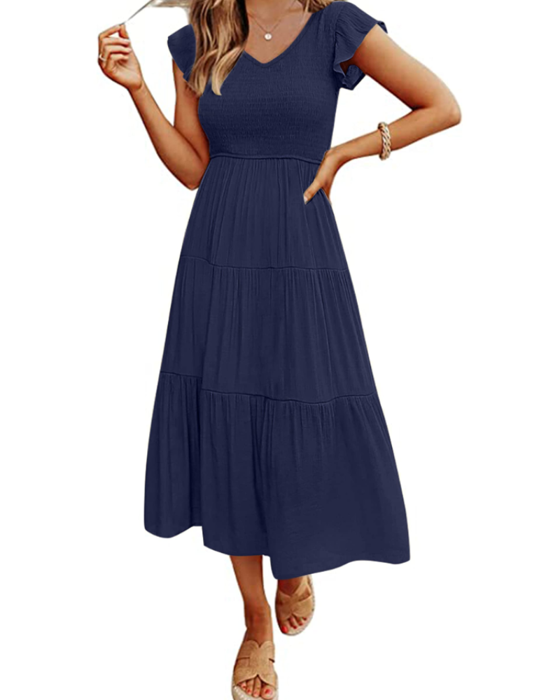 Vestito Midi Skye da Donna – Scollo a V, Arricciato, Maniche a Volant e Tasche